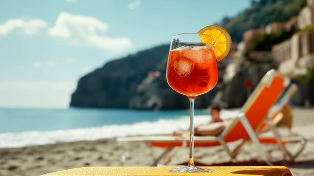 glass of aperol spritz cocktail on a table at a beach bar, in the background defocused sea waves and sand and a nice landscape
