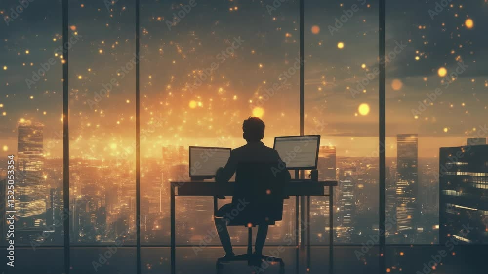 Poster office worker is sitting at desk and working on computer with large windows overlooking illuminated 