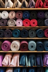 Fototapeta premium Colorful fabric rolls on store shelves (1)
