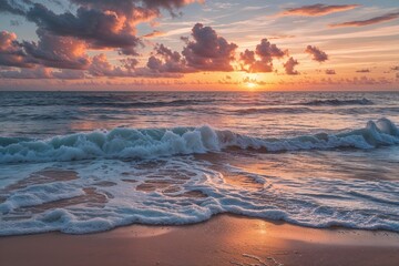Tropical Beach Sunset Landscape with Waves and Ocean Background