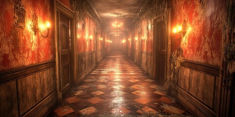Old and eerie hallway with flickering lights in a dilapidated building at night