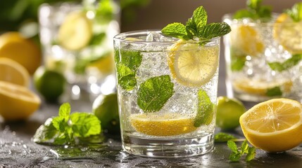 Fototapeta premium A refreshing glass of lemon and mint-infused water, close-up shot, bright clean background
