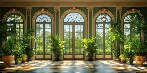 Elegant indoor garden room with large windows and lush greenery in bright natural light
