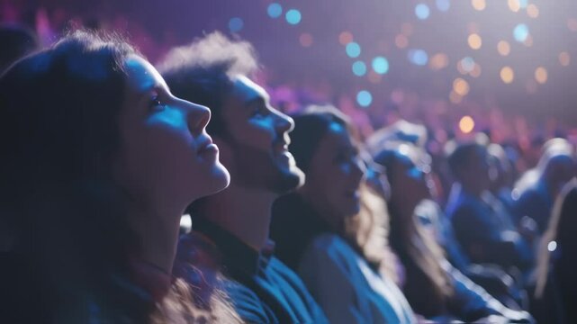 Enthusiastic couple attending a concert, clapping and smiling, surrounded by a large crowd in a vibrant, illuminated venue, enjoying live music performance