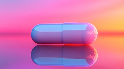 A single white pill placed on a reflective surface, futuristic medical theme