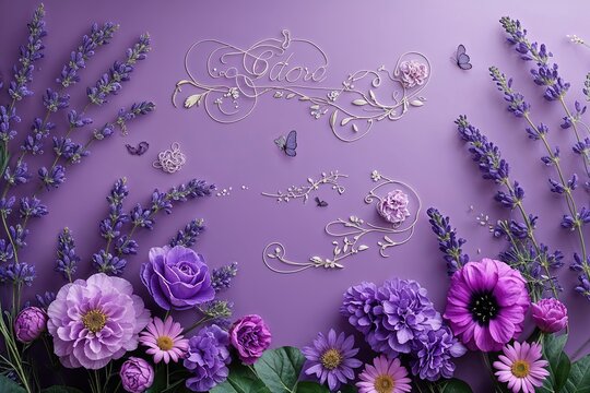 Lush Lavender Backdrop with Elegant Floral Scripts and Striking Raspberry and Violet Flower Border