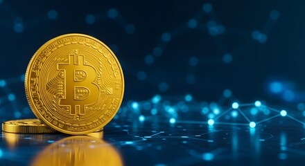 A shiny golden Bitcoin coin with the 'B' symbol, placed on a futuristic digital background with blockchain nodes and glowing blue lights.