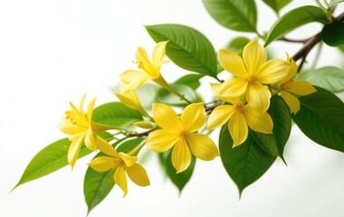 Blooming Yellow Flowers on Branch with Lush Green Leaves Beauty