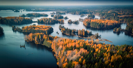 Spectacular drone view of the Swedish archipelago landscape, and islands, autumn, Stockholm, Sweden