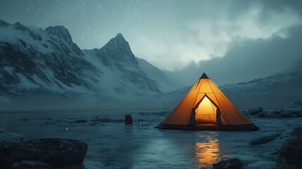 Glowing Tent in Snowy Mountain Landscape, A glowing tent in a snowy mountain landscape under a starry sky