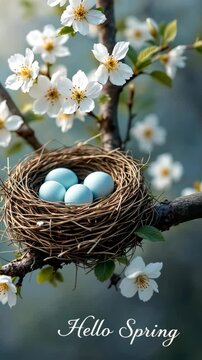 Nestled blue robin eggs amidst blossoming cherry tree branches in spring