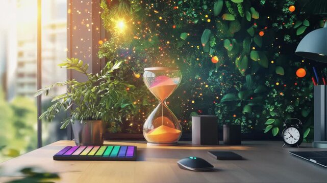 Colorful sand is falling inside an hourglass placed on a desk with a midi controller, a computer mouse, a speaker, plants, and a vertical garden on the background, near a window with sunlight