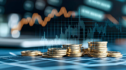 Golden Coins Stacked On A Blue Grid With An Ascending Teal And Orange Stock Market Graph In The Background Representing Financial Growth