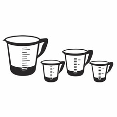 Measuring jugs arranged by size show graduated kitchen tools with measurement markings. Clean black and white illustration looking at essential baking equipment. Concept: cookware shop, baking blog