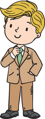 Hand-drawn illustration of a stylish young boy in a suit, representing ambition and confidence. Perfect for career-related education, motivational content, and children’s books.