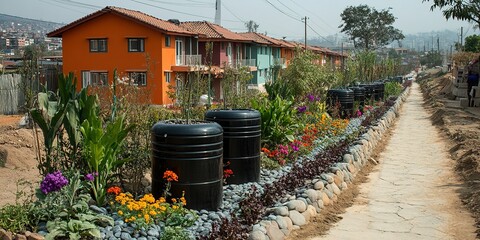 Fototapeta premium Vibrant community garden along a scenic walkway with colorful flowers and eco-friendly planters in a residential area