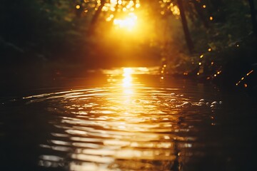 yellow twilight atop a quiet grove brook gorgeous nature haven faint ripples glide on the stream’s top echoing the waning glow and forming a restful vibe  
