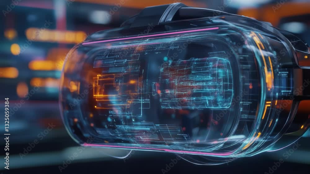 Poster virtual reality headset displaying a complex manufacturing process using futuristic heads up display