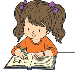 a young girl writing in her notebook with a happy and focused expression. A charming scene promoting education, creativity, and concentration. Perfect for children’s activity books