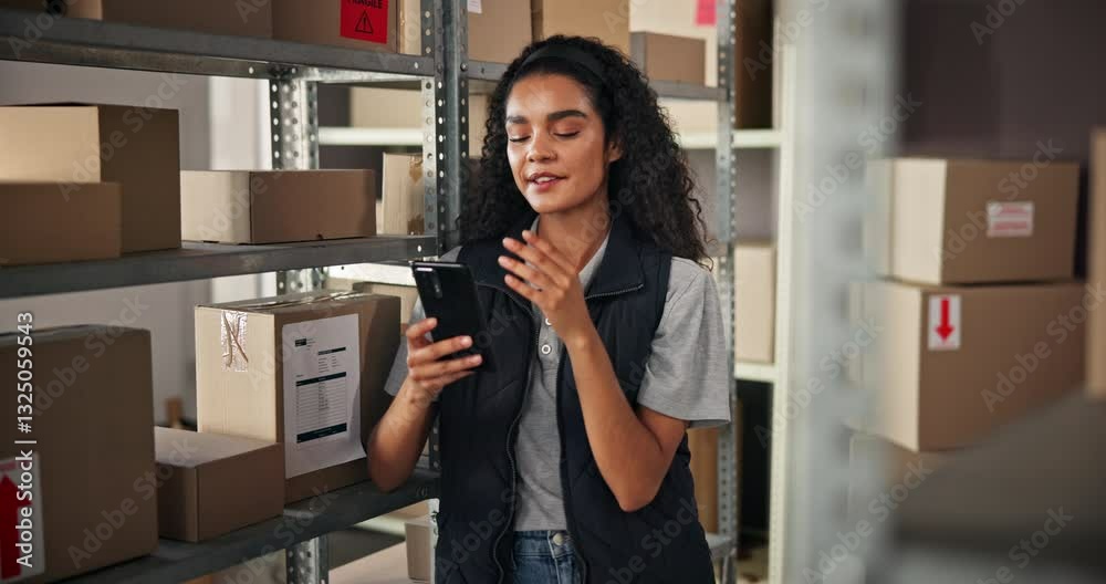 Poster woman, boxes and texting with phone for distribution, order inspection or quality control for invent