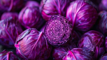 Obraz premium Vibrant Purple Cabbage Heads with Interesting Textured Surfaces in a Closeup View