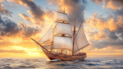 Fototapeta premium A wooden sailboat with white sails, dramatic sky background