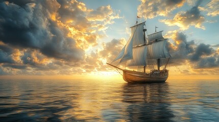 Fototapeta premium A wooden sailboat with white sails, dramatic sky background