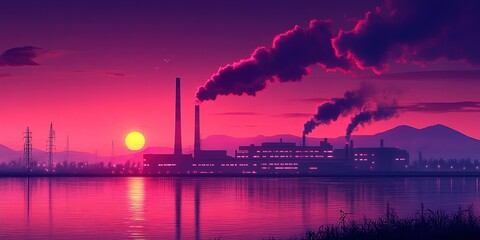 Fototapeta premium Sunset illuminates industrial landscape with smokestacks and calm waters reflecting vibrant colors