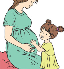 a pregnant mother sitting with her young daughter, who is happily touching her baby bump. A heartwarming family moment symbolizing love, anticipation, and the bond between siblings.