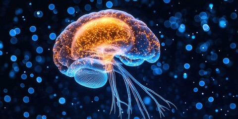 Fototapeta premium Colorful jellyfish with glowing brain floating against a blue bokeh background in a surreal underwater setting