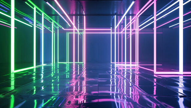 Neon Light Tunnel with Reflective Floor - Powered by Adobe