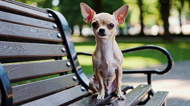 A tiny Chihuahua dog with large ears and a curious expression sitting on a wooden park bench. The background features blurred green trees and soft natural light