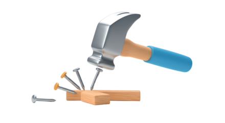 Hammer Driving Nail into Wood Block Construction and Home Improvement