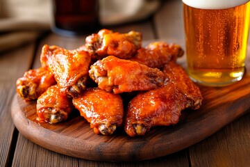 Delicious chicken wings coated in spicy sauce rest on a wooden platter, accompanied by a glass of chilled beer, perfect for gatherings or casual dining