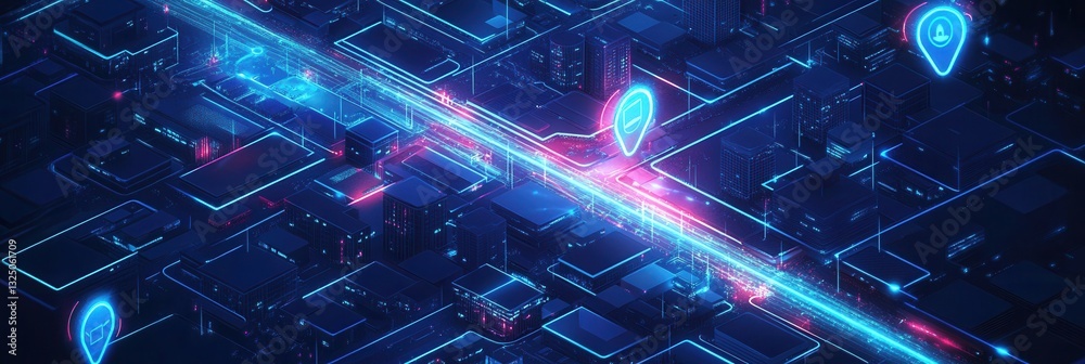 Poster futuristic digital city map featuring delivery icons and glowing tracking routes leading to a home i
