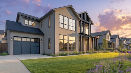 Fototapeta premium A stunning two-story farmhouse with a gray exterior and soft beige trim, featuring large slate windows and extra-tall black wooden beam accents