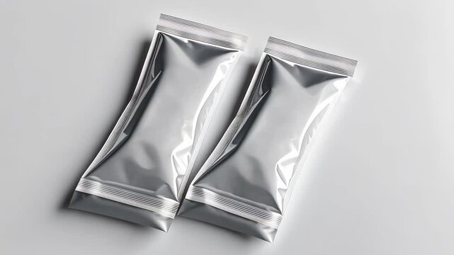 Shiny silver sachets arrangement on white surface