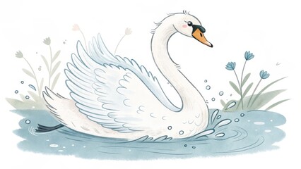 Obraz premium Cute Illustration of a Swimming White Swan in Nature
