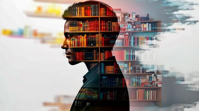 The Bookworm's Mind: A Double Exposure Portrait of Knowledge and Learning
