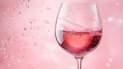 Red wine splash in glass with pink background and bubbles
