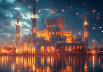 Naklejka premium Majestic Illuminated Mosque Reflecting in Calm Waters at Dusk