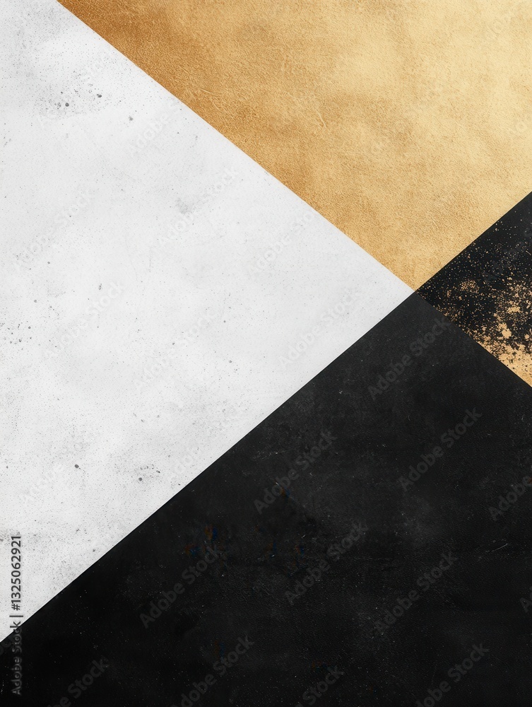 Poster modern minimalist design featuring overlapping geometric shapes in black, white, and gold with an em