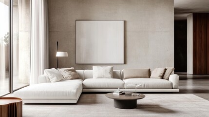 Elegant minimalist living room with modern white sofa and abstract art