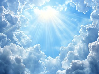 Heavenly rays of sunlight pierce through fluffy white clouds, creating a breathtaking celestial scene. Serene and peaceful.