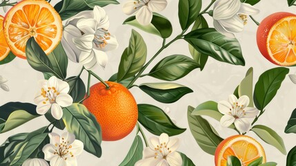 Vintage Retro Seamless Pattern Featuring Citrus and Orange Blossom Elements in a Repeating Clean Lines Theme