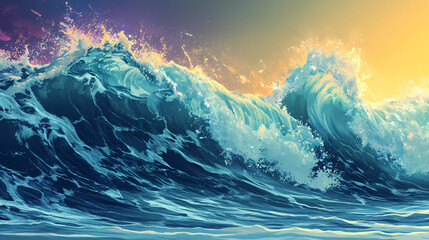 Powerful ocean waves crashing against the shore. Hyperspectral Waves. Illustration