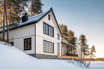 A stunning wooden retreat in Norway, featuring ivory-white siding and contrasting black trim