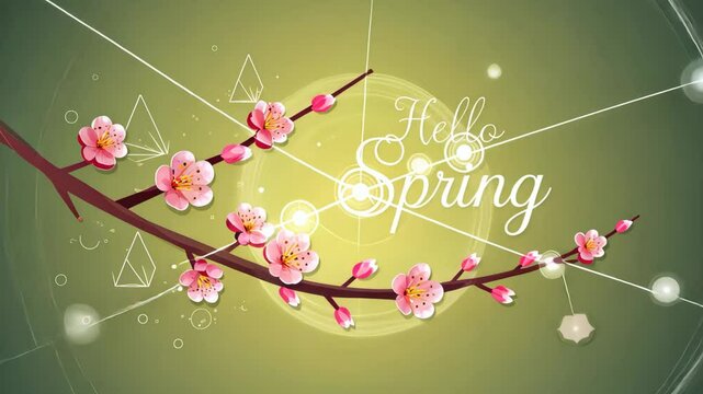 Floral branch with geometric design and hello spring message