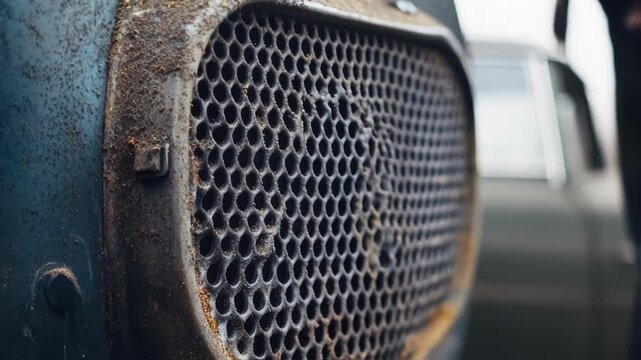 Dust and dirt covering the front grille of an old vehicle. Highlighting honeycomb pattern and metallic texture. Suggesting a history of outdoor exposure and adding character to classic transportation