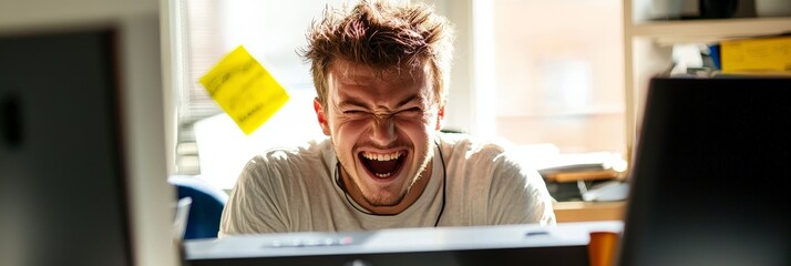 Intense man expressing frustration at his workspace.